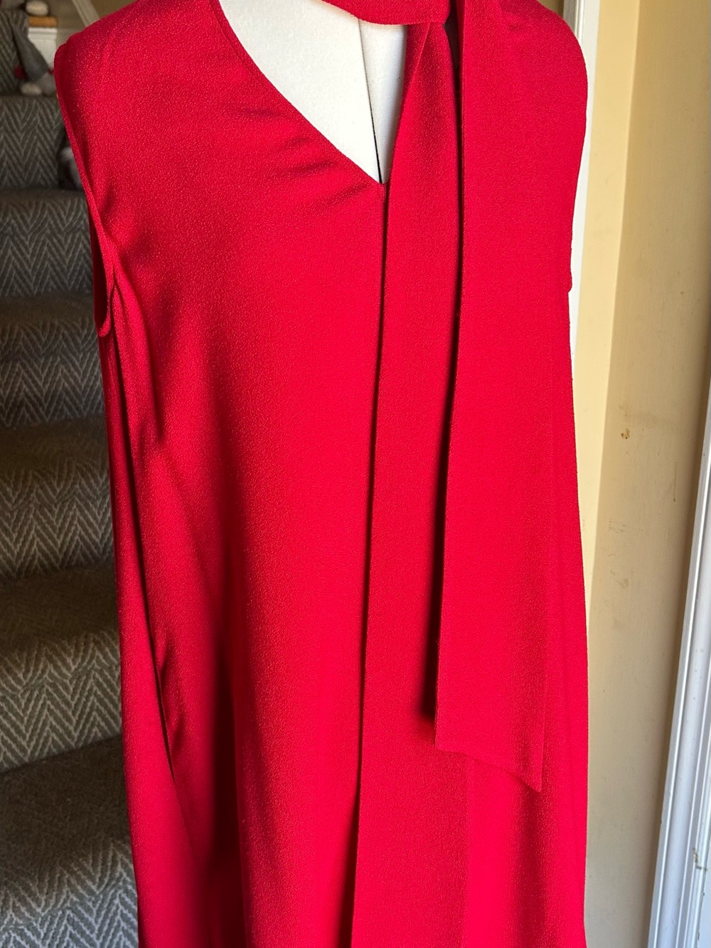 Victoria Beckham Sleeveless Red V-Neck Dress with Neck Scarf